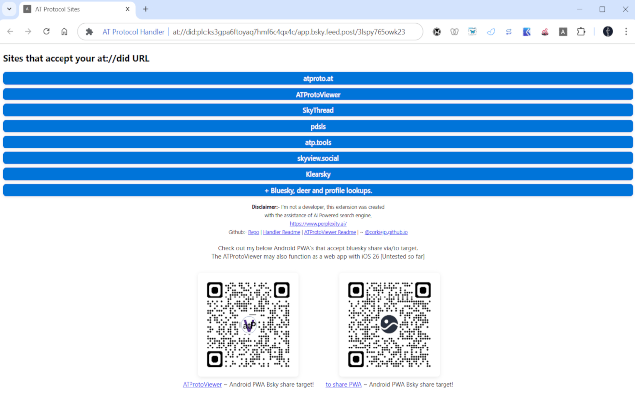Chrome Extension to handle pasting of at urls in the address bar of chrome browser. + Resulting web page showing a list of sites that accept the at://did URL, including atproto.at, ATProtoViewer, SkyThread, and others.